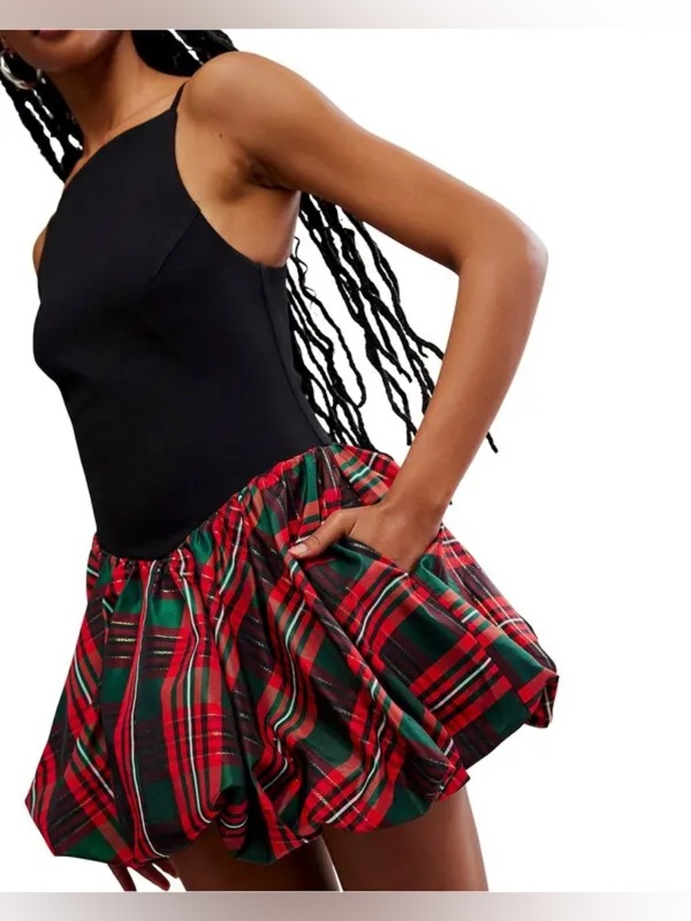 Free People Tinsel Kiss Mini Women's Dress in Black & Red Green Tartan size XS - Picture 2 of 6